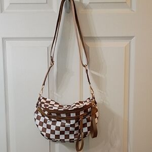 Brown and White Checkered Crossbody Bag - Women